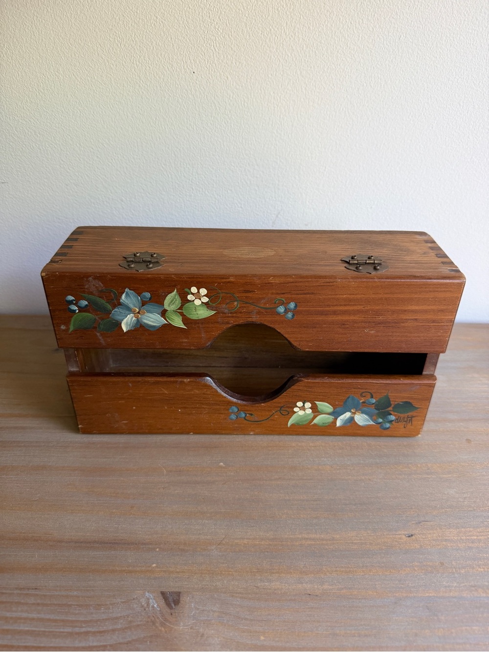 Vintage Hand-Painted Decorative Wood Tissue Box  Cover Floral Motif